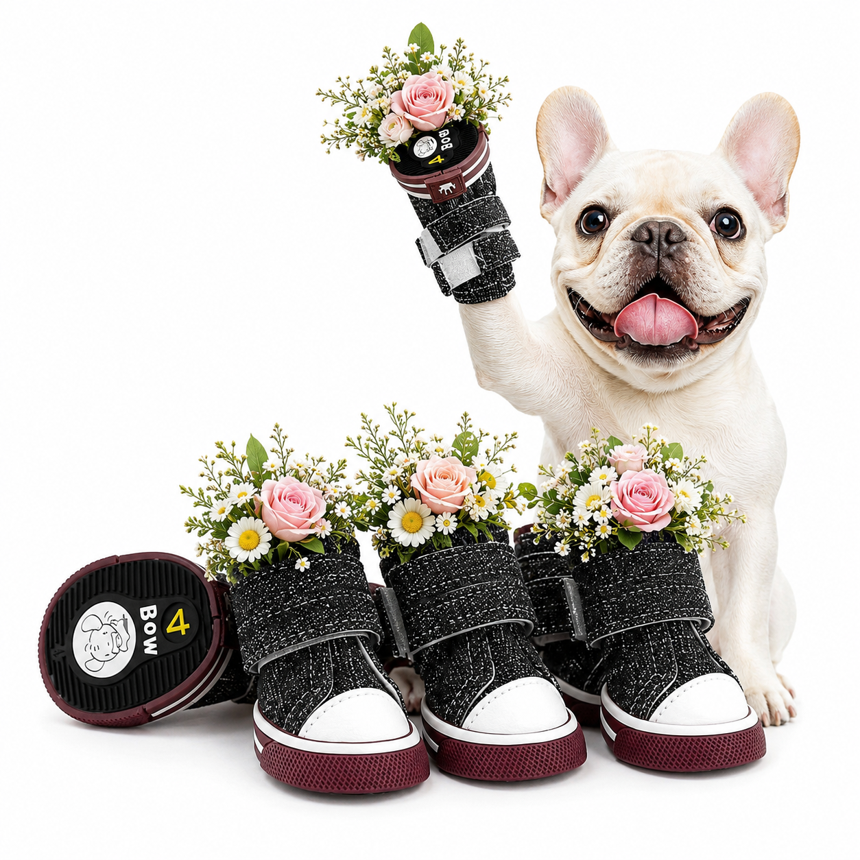微信图片_20260707111117_16 Denim Wedding Dog Sneakers with Floral Arrangement | Rustic Barn Wedding Pet Shoes - Image 1