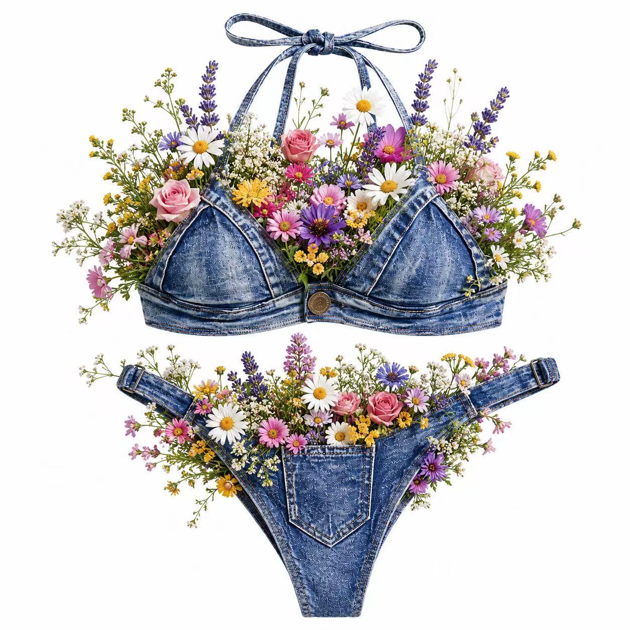 微信图片_20260714142109_590 Denim Wildflower Bridal Bikini Set | Western Cowgirl Wedding Lingerie | Boho Rustic Elopement Floral Jean Swimwear | Country Farm Bachelorette Outfit | Outdoor Wedding Bride Underwear - Image 1