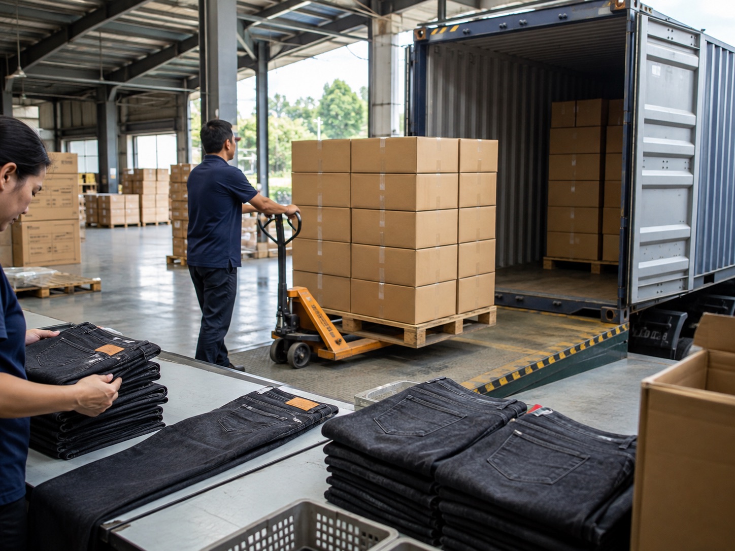 Production process illustration of finished denim packing and shipment preparation