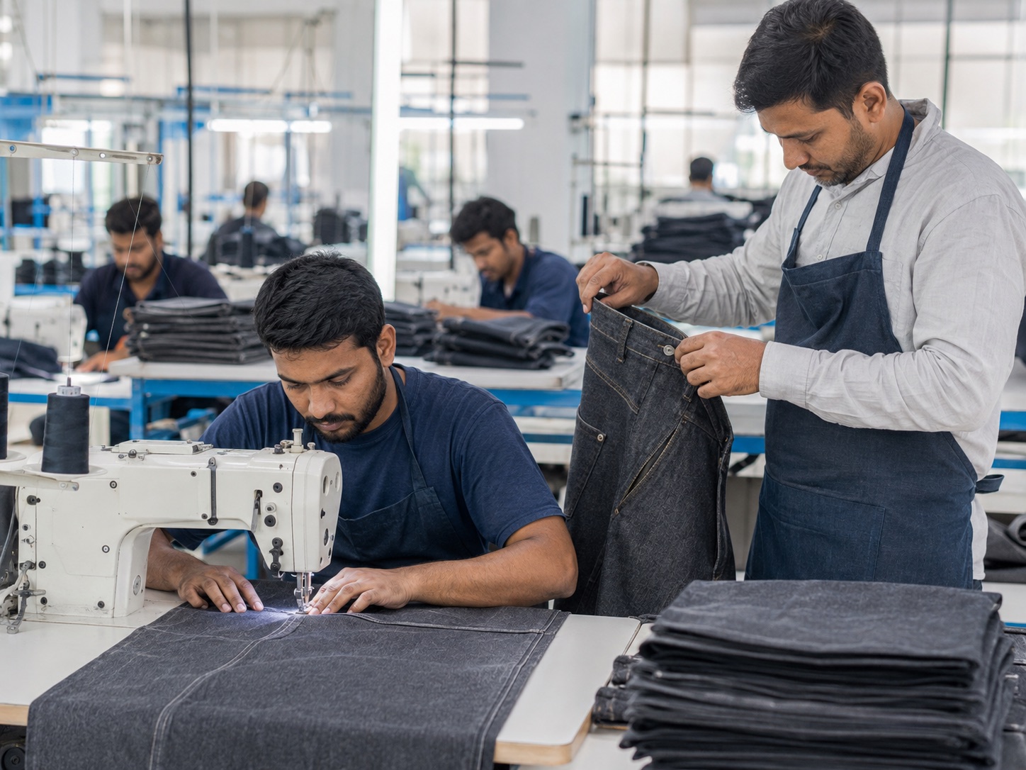 Production process illustration of denim manufacturing and quality inspection
