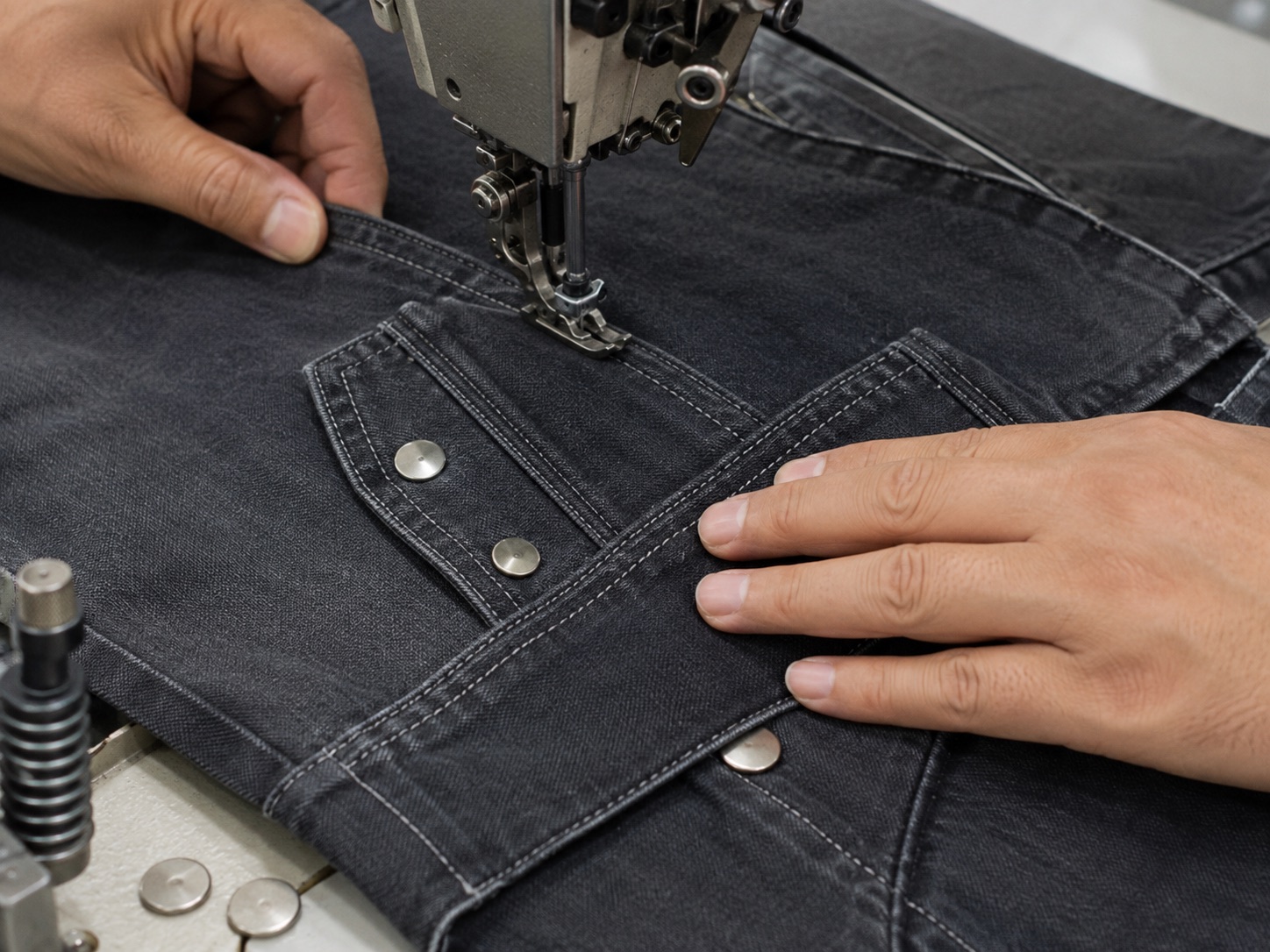 Production process illustration of denim sewing and construction details