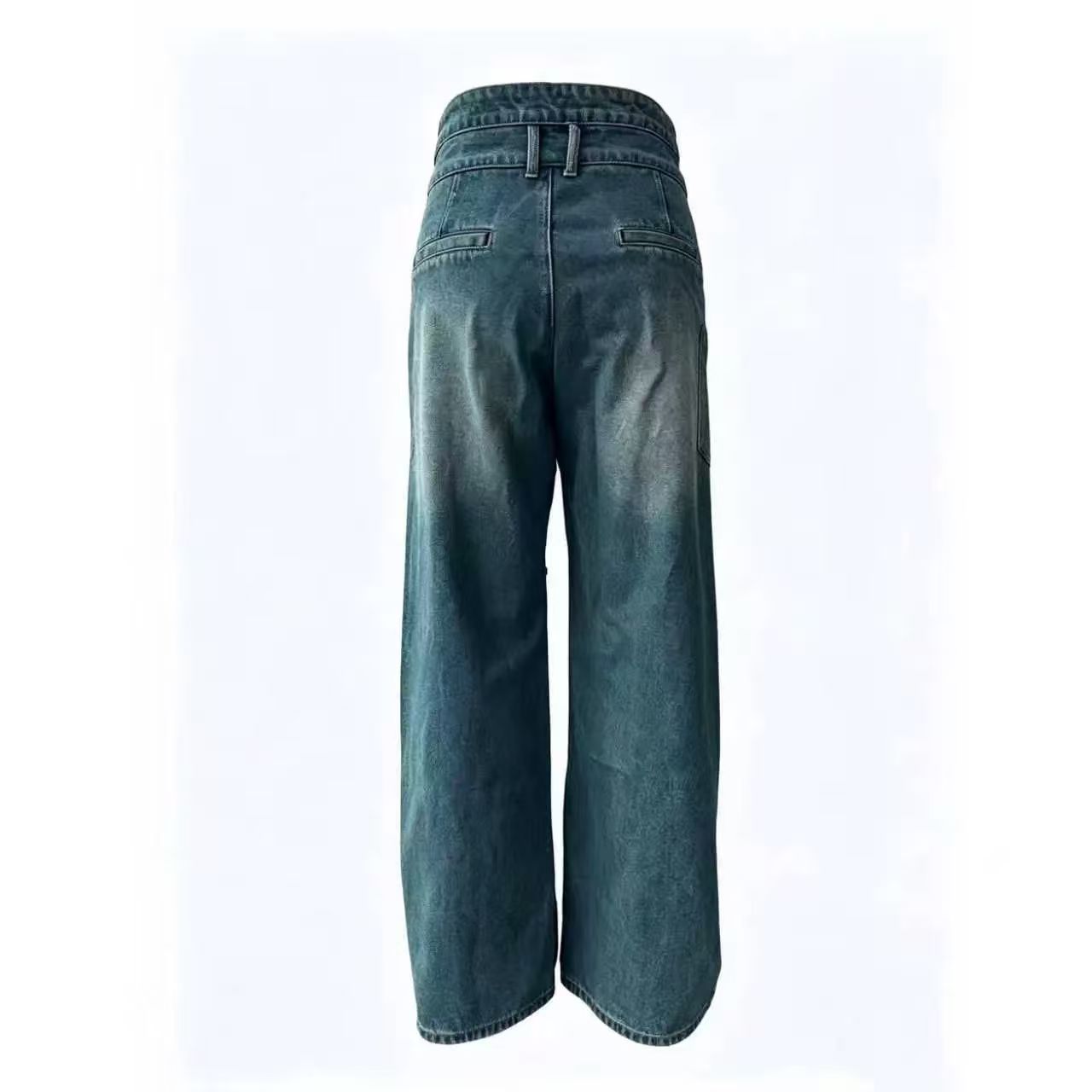 Back view of asymmetrical wide-leg men’s denim pants