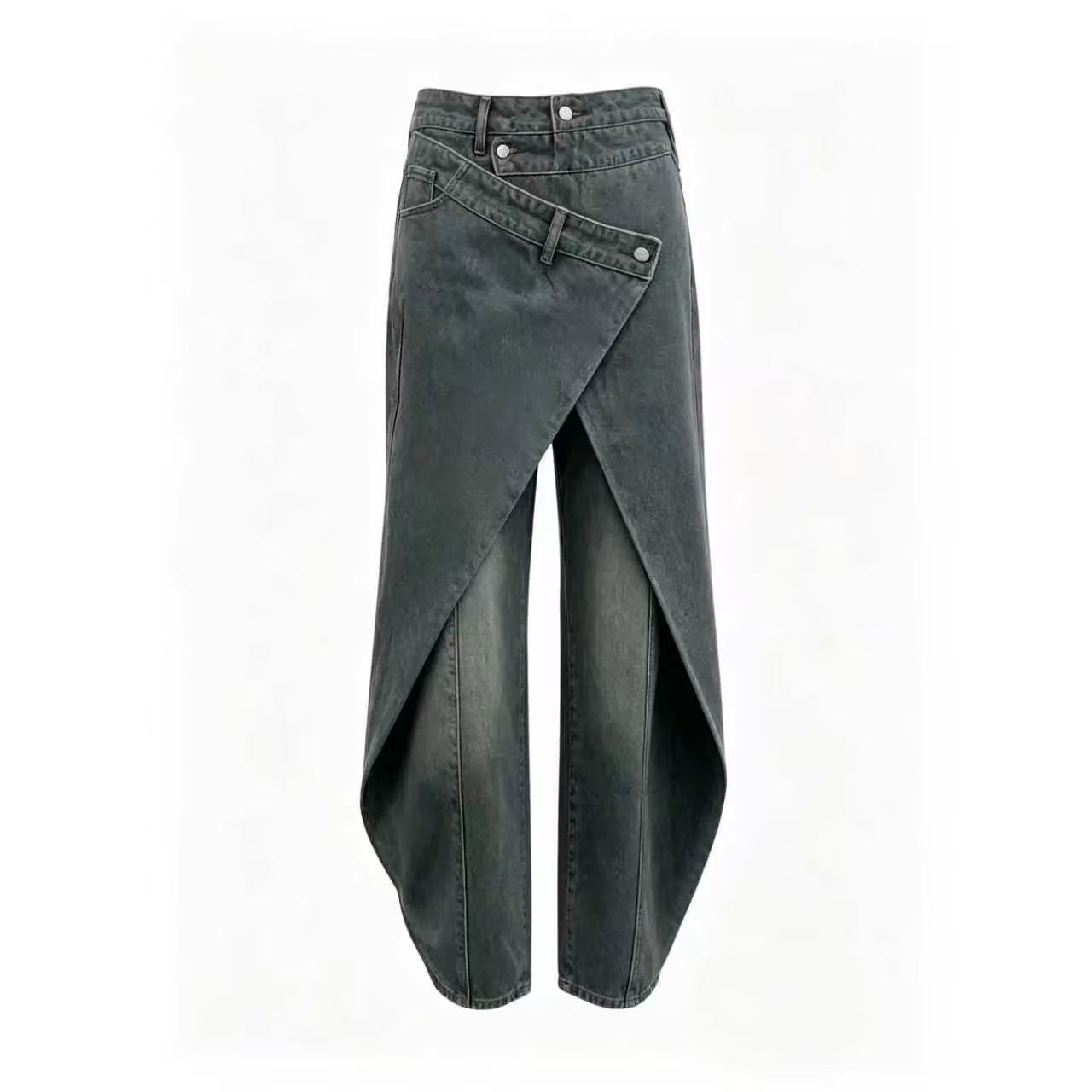 Front view of asymmetrical wide-leg men’s denim pants
