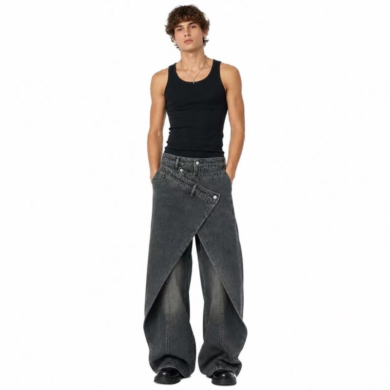 Male model wearing asymmetrical wide-leg denim pants