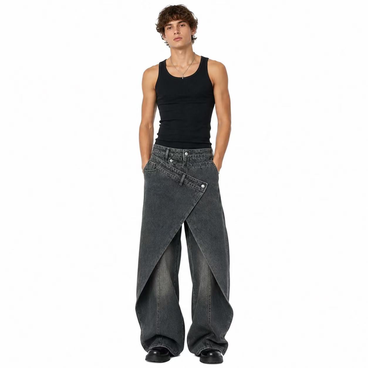Male model wearing asymmetrical wide-leg denim pants