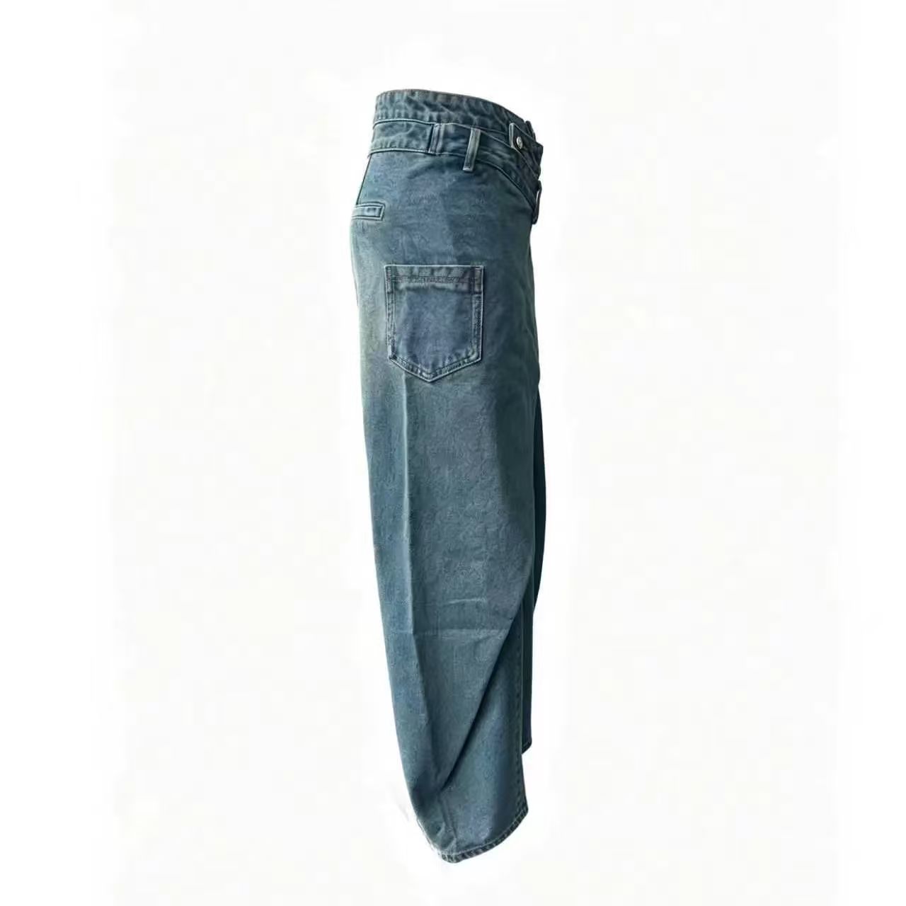 Side view showing the layered construction of men’s denim pants