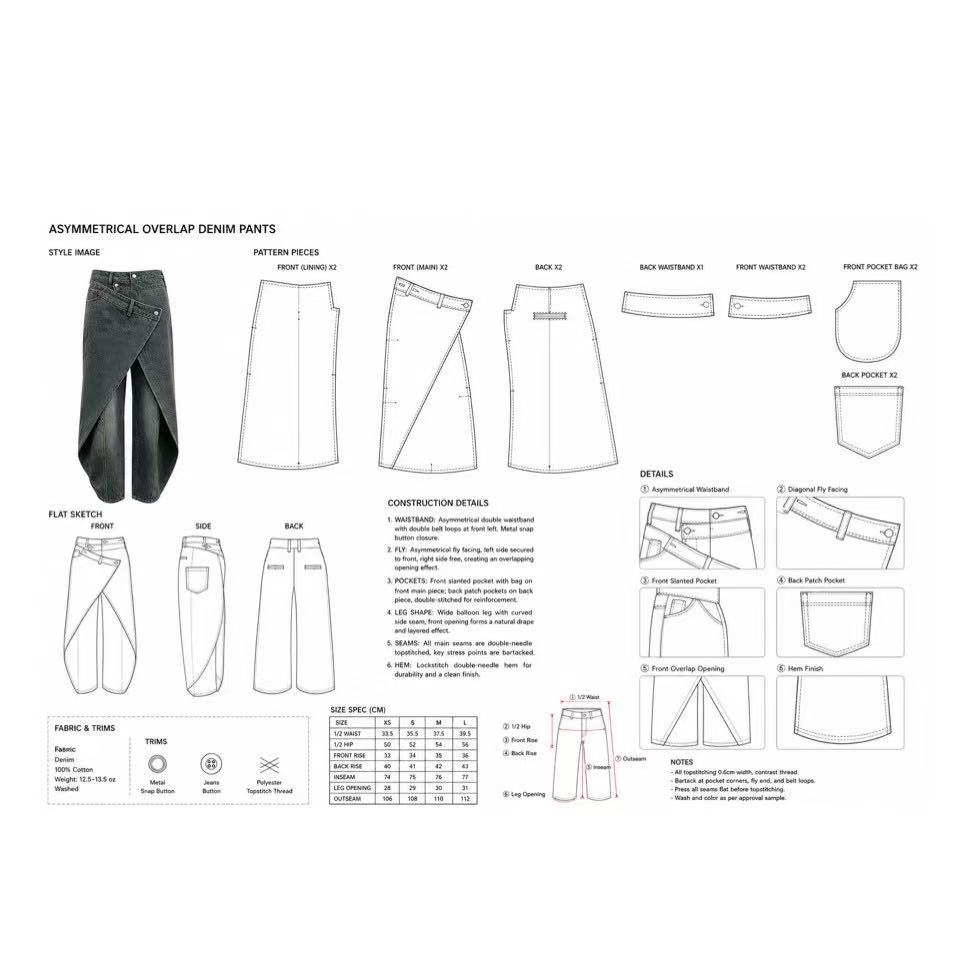 Technical pack for asymmetrical men’s denim pants