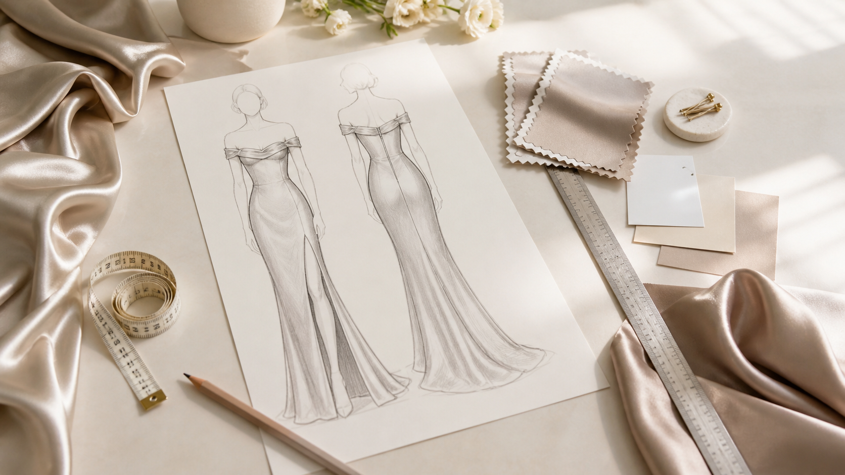 Satin bridesmaid dress sketch and fabric swatches