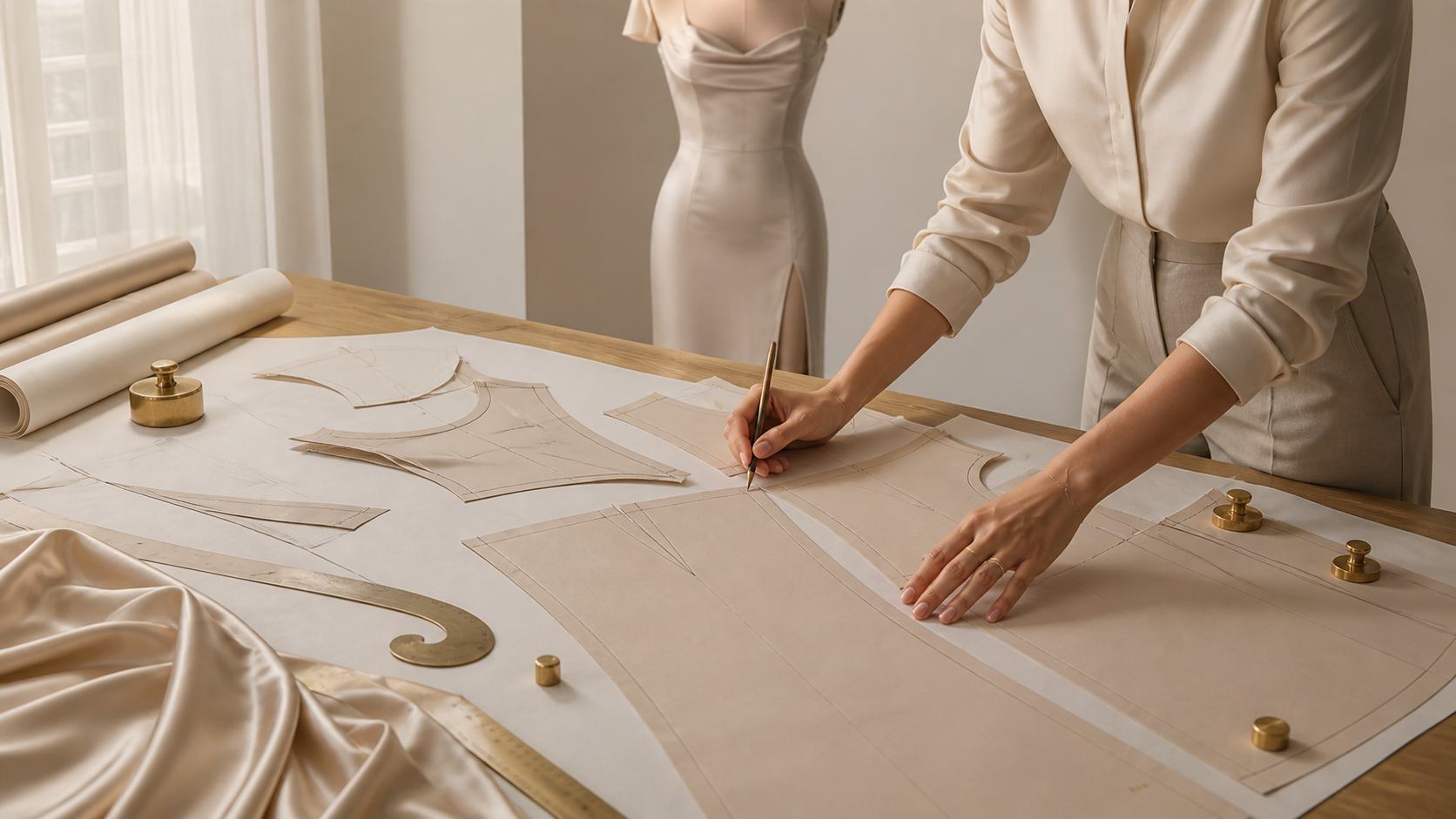 Pattern maker developing a satin gown pattern