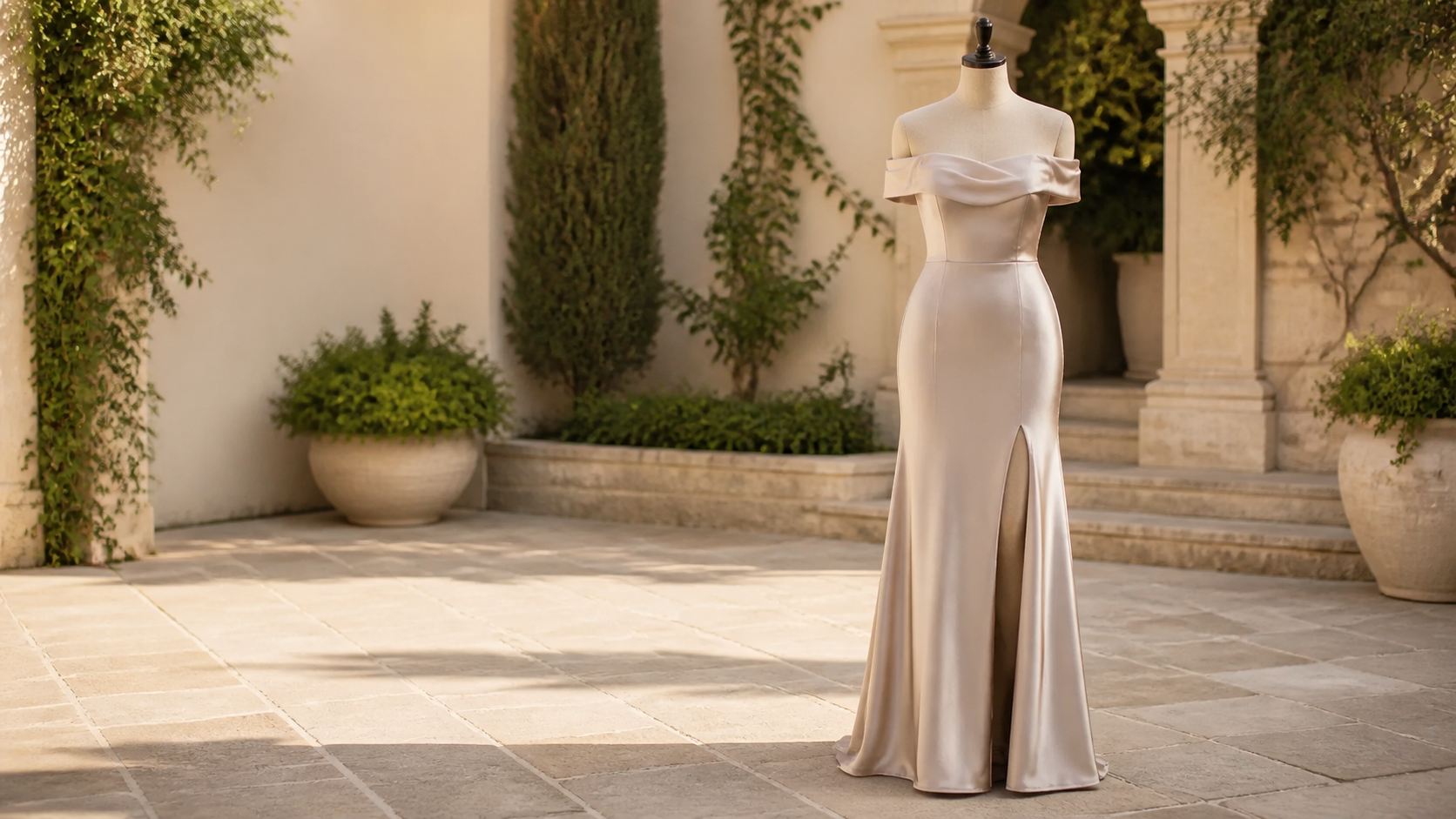Finished champagne satin off-shoulder bridesmaid gown by Saelher