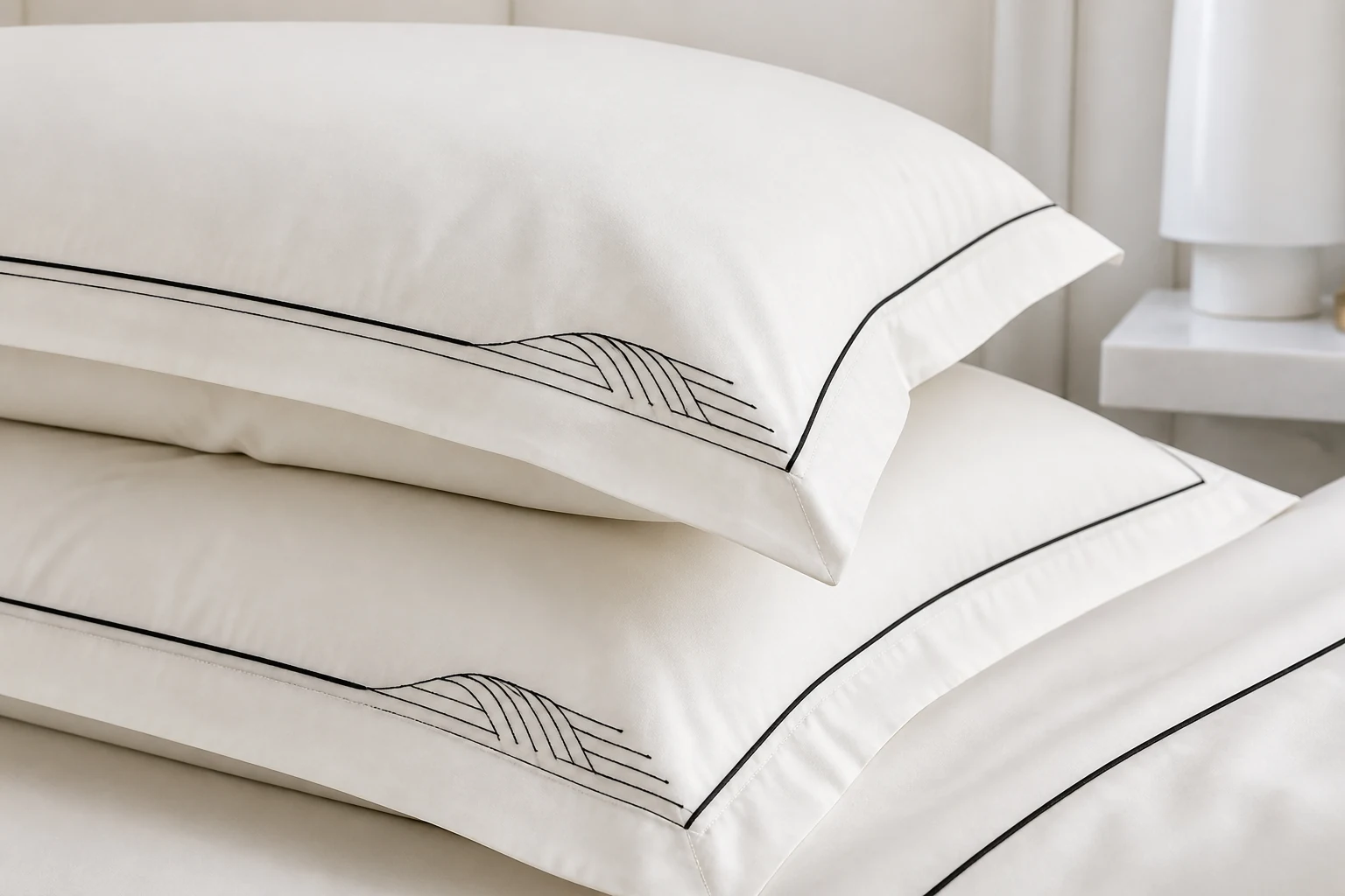 Close-up of original embroidery and black piping.