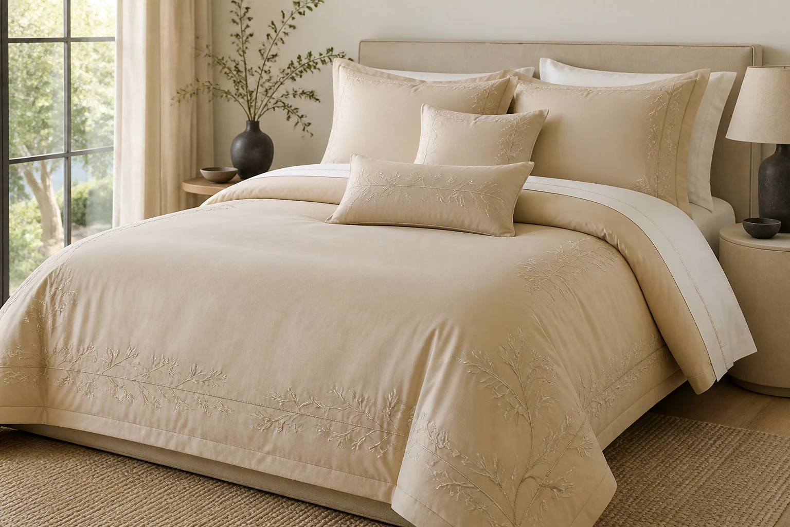 Original warm-beige bedding collection with tonal embroidery.