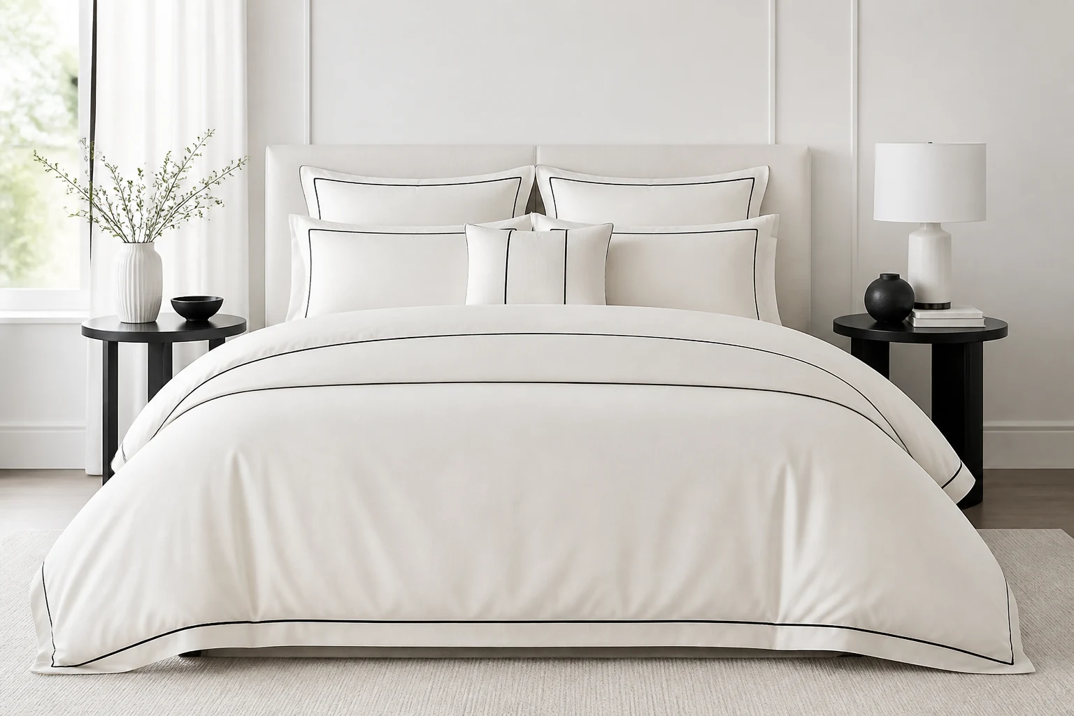 Original ivory bedding collection with tailored black piping.
