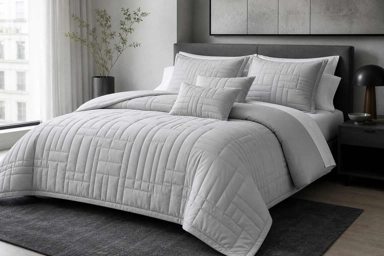 Original pearl-gray bedding collection with geometric quilting.