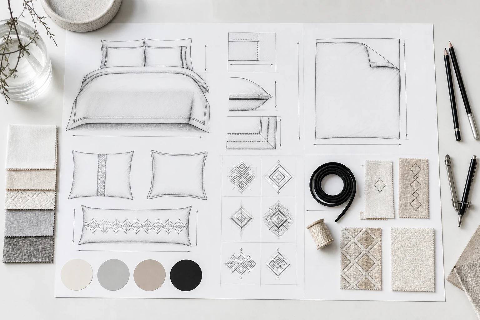 Bedding development board with sketches, fabric swatches, colors, and construction details.