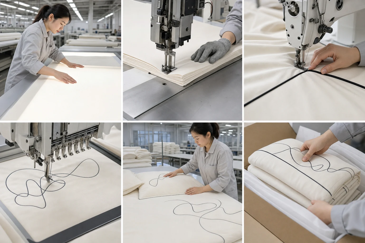 Bedding production process from inspection to packing.