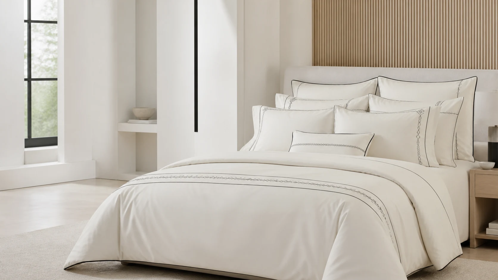 Custom ivory bedding set with black piping in a bright contemporary bedroom.