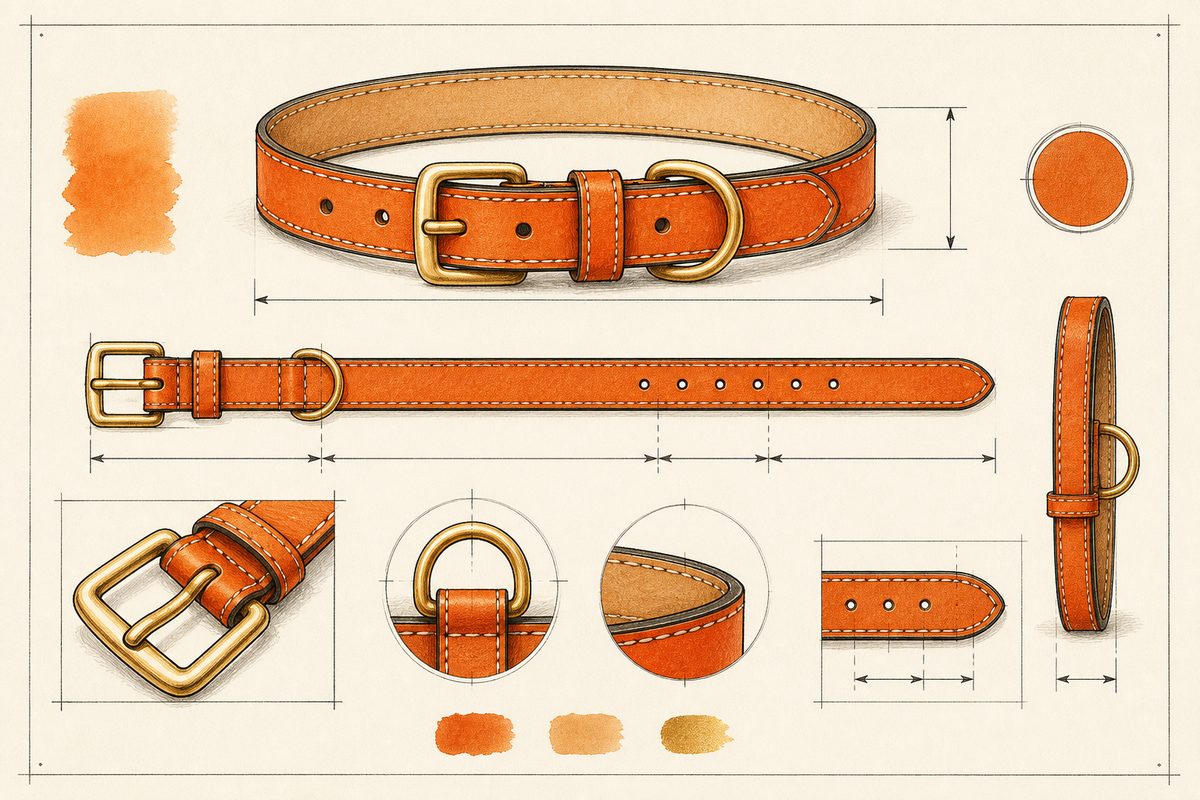 Technical illustration of an original orange leather pet collar.