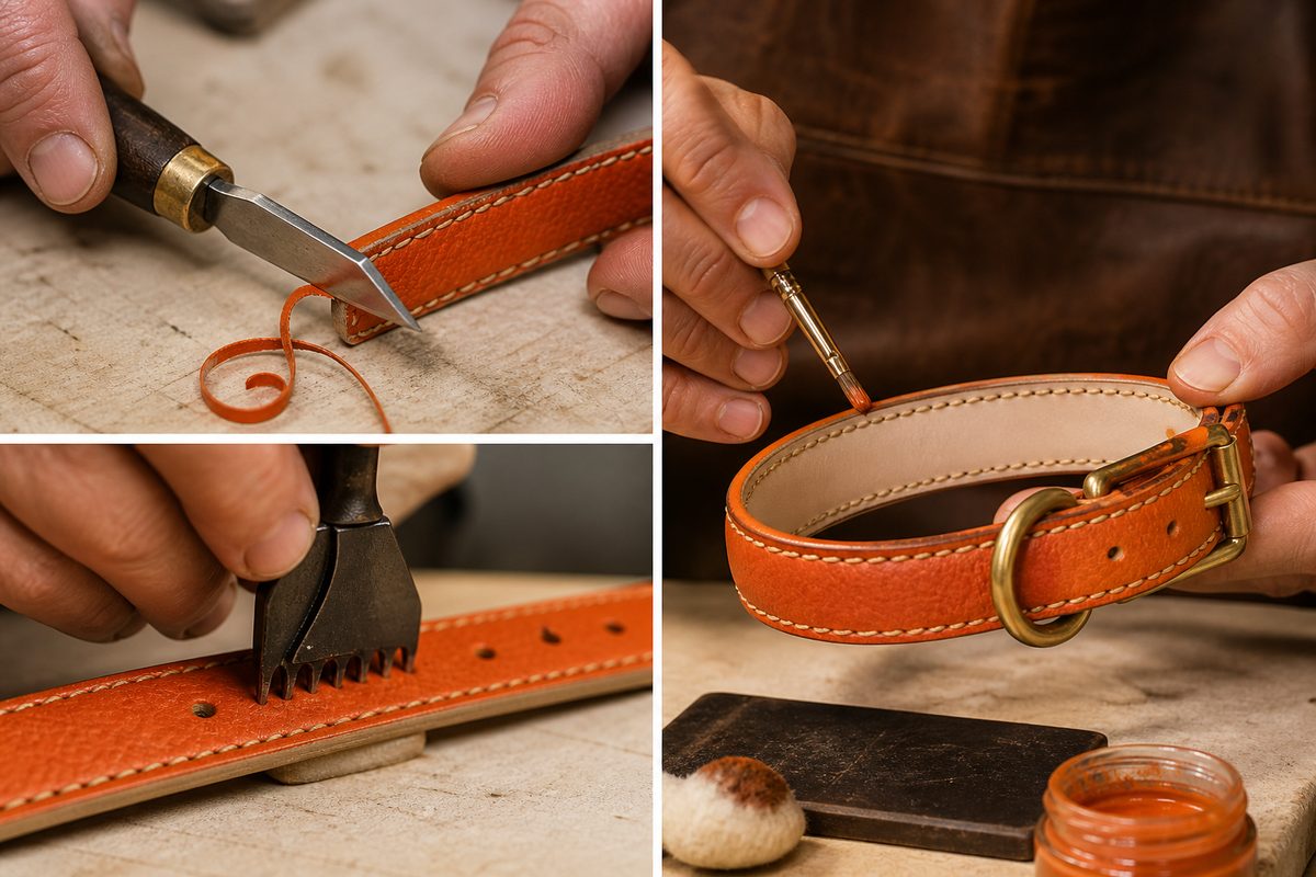 Leather cutting, punching and edge-painting craftsmanship.