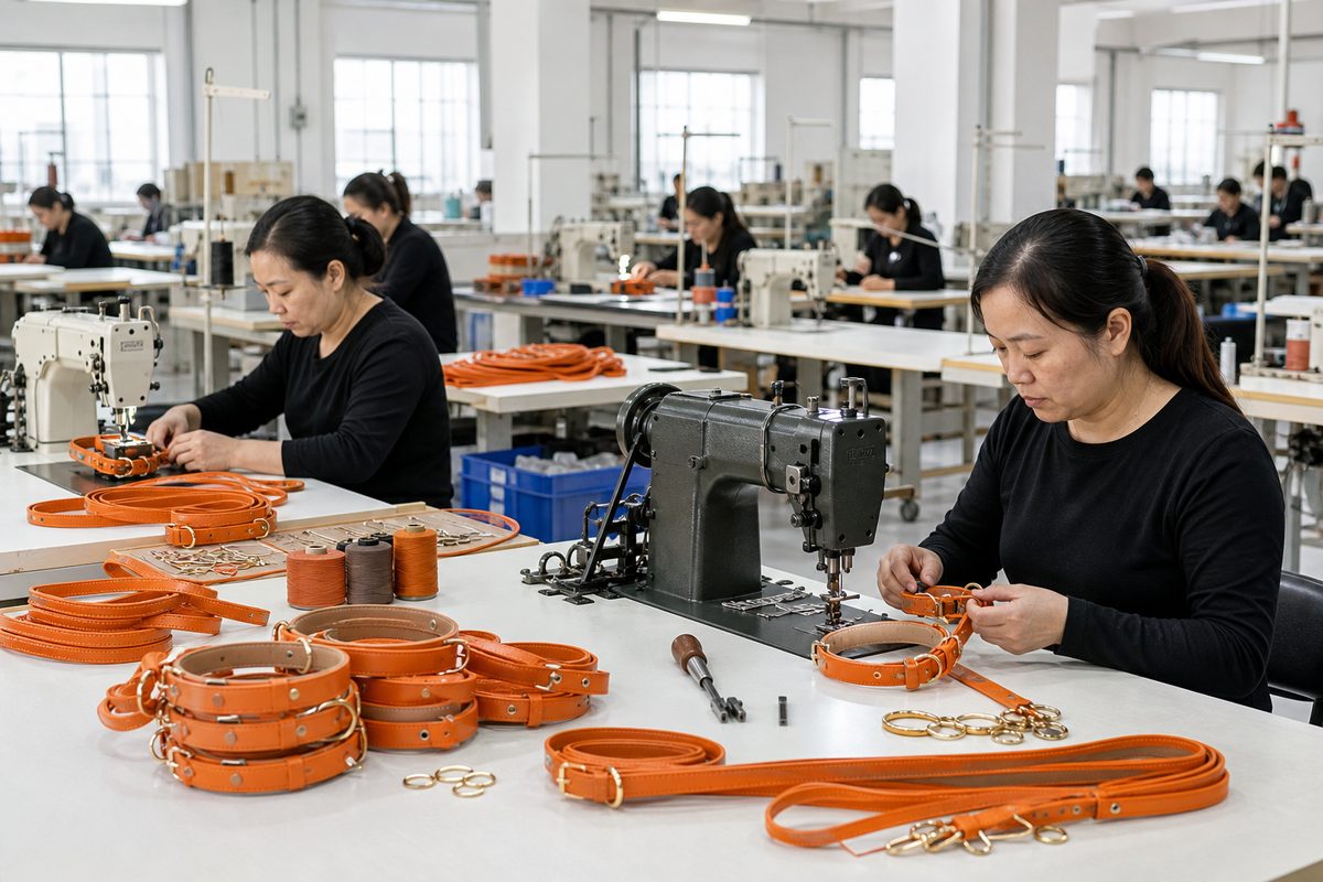 Pet accessory factory producing orange collars and leashes.