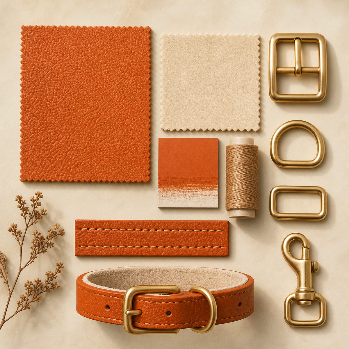 Orange leather, lining, thread and pet hardware selection board.
