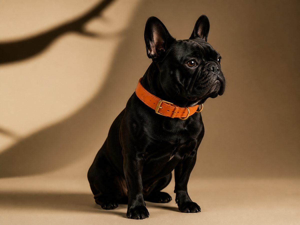 Black French bulldog wearing an original orange leather pet collar.