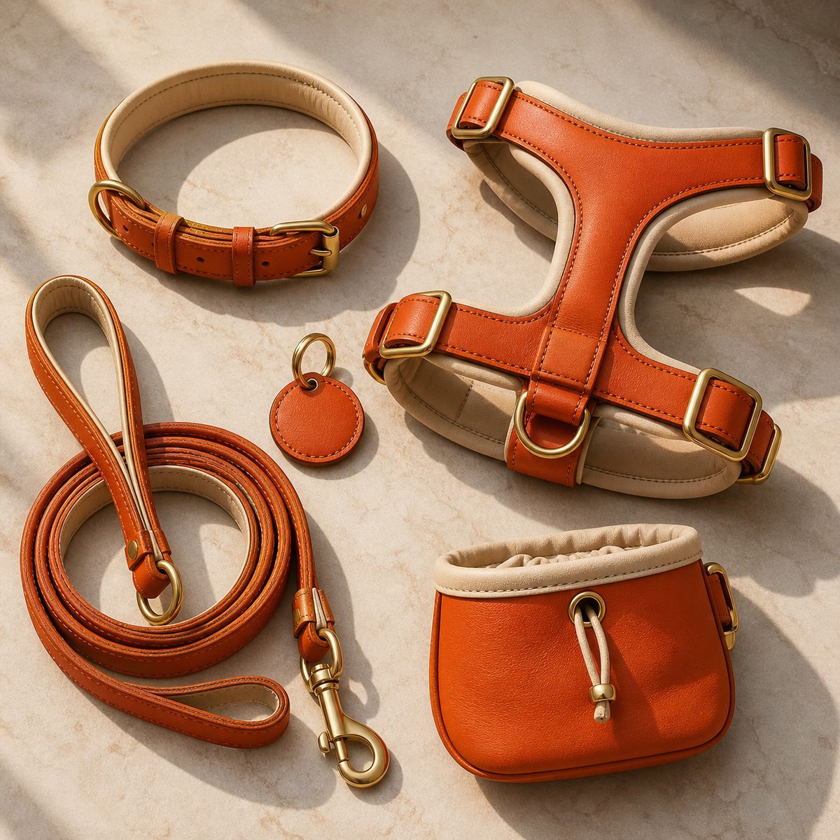 Original coordinated orange collar, leash, harness, tag and treat pouch collection.